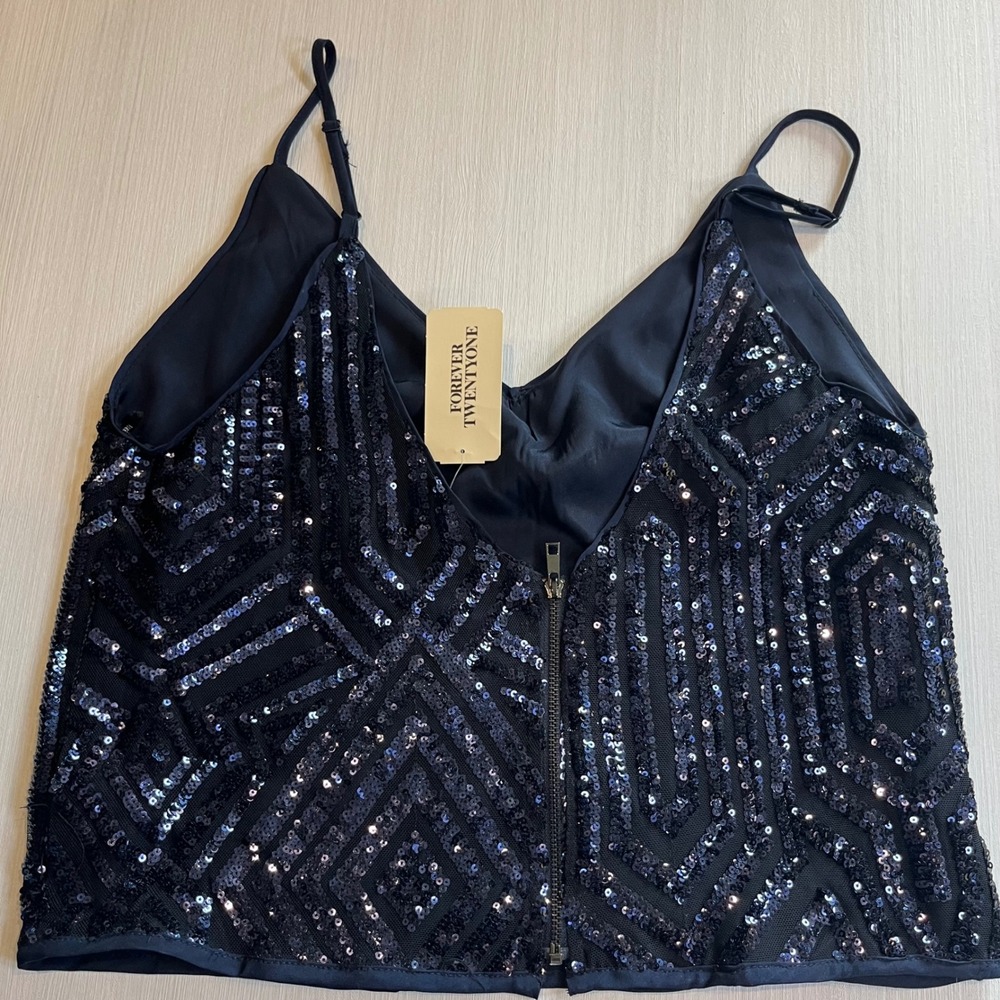 Forever 21 Womens Sequin Cami Navy Blue Art Deco‎ Party  Top Small NWT Nightout